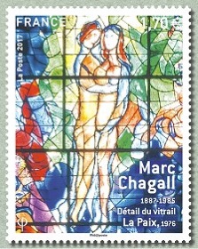 timbre: Marc Chagall 1887-1985  Détail du vitrail La Paix, 1975