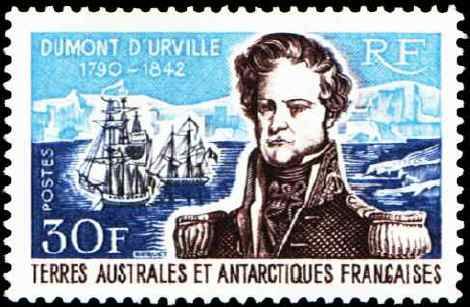 timbre: Effigie de Dumont-d'Urville et vue de Terre Adélie