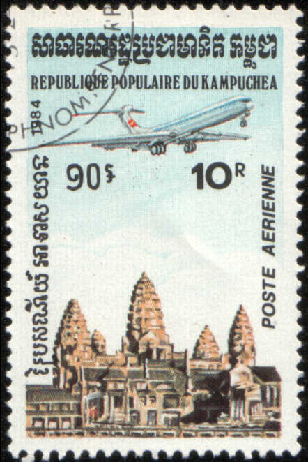 timbre: Avion à réaction survolant le temple d'Angkor Vat