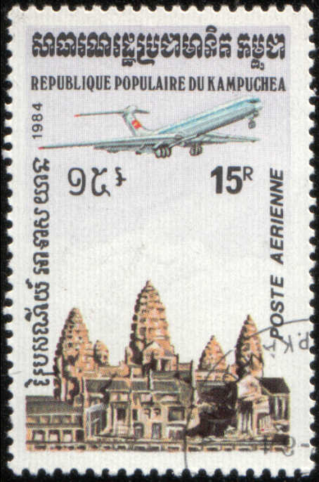 timbre: Avion à réaction survolant le temple d'Angkor Vat
