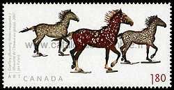 timbre: Maquette de chevaux au galop, sculpture de Joe Fafard