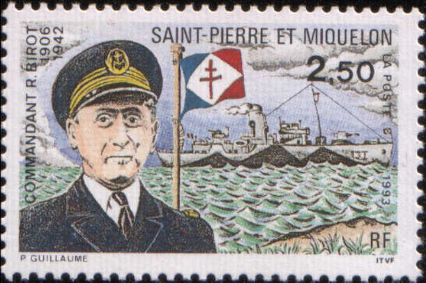timbre: Commandant R. Birot 1906-1942, navire, drapeau F.N.F.L.