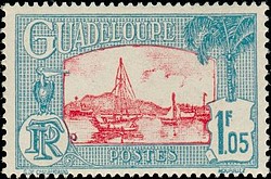 Timbre: Port de Pointe &agrave; Pitre  (1f. 05 - bleu  & rose)
