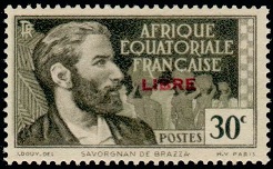 Timbre: Savorgnan de Brazza surcharg&eacute; rouge &laquo;LIBRE&raquo;