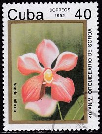 Timbre: 40e anniv jardins de Soroa. Orchid&eacute;es "Vanda hybrida"