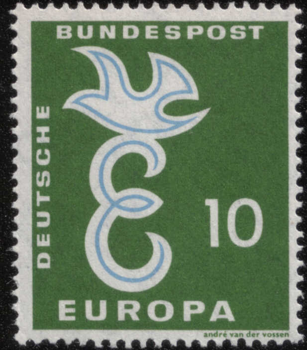 Timbre: Europa colombe sur un ''E'' (vert et bleu)