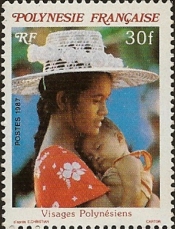 Timbre: *Visage polyn&eacute;sien : jeune femme et enfant