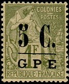 Timbre: Alph&eacute;e Dubois surcharg&eacute; 5 C. GPE sur 1F.
