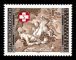 Timbre: Assemblee des Samaritains . tableau de F. Bassano