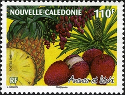 Timbre: Les fruits tropicaux - Ananas et litchi