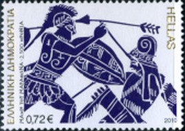 Timbre: Motif de vase lekythos "Sc&egrave;ne de soldats combattant"