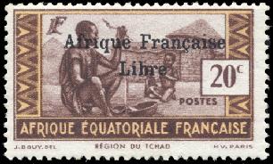 Timbre: Villageois du Tchad surcharg&eacute; Afrique Fran&ccedil;aise Libre