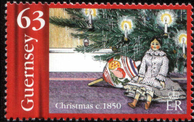 Timbre:  no&euml;l 1850, poup&eacute;e et toupie sous le sapin