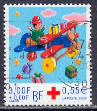 Timbre: Avion en bois, croix rouge