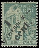 Timbre: Alph&eacute;e Dubois surcharg&eacute; 1 ST-PIERRE M-on CENT. sur 5c.