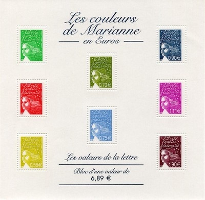 Timbre: Les couleurs de Marianne en Euros. 