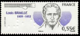 Timbre: Louis Braille - portrait, faciale en braille 