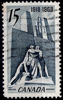 Timbre: 50 ans armistice, monument de Vimy 