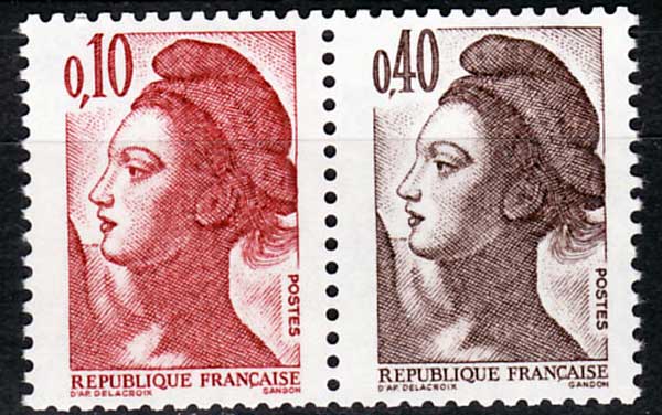 Timbre: Paire attenante  : Libert&eacute; de Gandon (0,10 + 0,40)