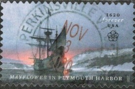 Timbre: Arrival of Mayflower at Plymouth Harbor, 400th Annivers
