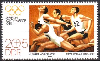 Timbre: JO d'&eacute;t&eacute; de Moscou de 1980 : coureurs &agrave; l'arriv&eacute;e