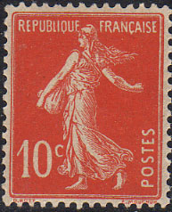 Timbre: Type Semeuse fond plein sans sol, inscriptions grasses.