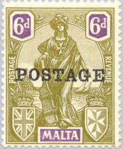 Timbre: Figure all&eacute;gorique Malte surcharg&eacute;e