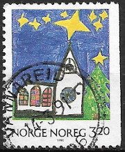 Timbre: Dessin d'enfant, &eacute;glise, sapin, &eacute;toiles