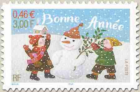 Timbre:  Bonne ann&eacute;e : enfants, bonhomme neige 