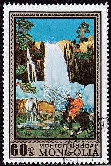 Timbre: Cascade et chevaux