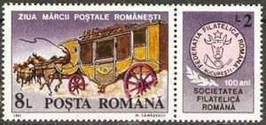 Timbre: Diligence postale avec vignette