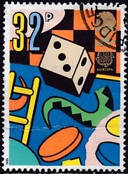 Timbre: Europa : jeux d'enfants : D&eacute;, pions, damier