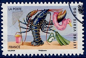Timbre: Animaux en vacances : Homard &agrave; la plage