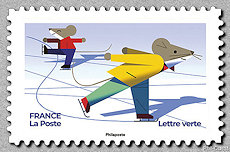 Timbre: Timbres f&eacute;erique - Souris faisant du patin &agrave; glace