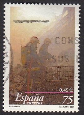 Timbre:  Les sapeurs Pompiers luttant contre un incendie