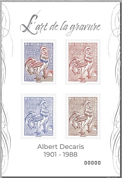 Timbre: L'art de la gravure : Le coq de Decaris 