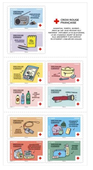 Timbre: Le sac d'urgence, le carnet croix-rouge