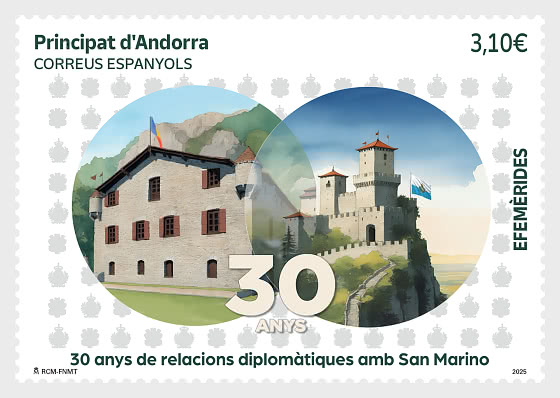 Timbre: 30 Ans de Relations Diplomatiques avec Saint-Marin