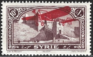 Timbre: Alep surcharg&eacute; avion rouge.