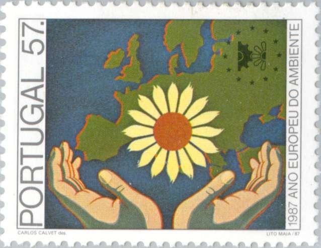 Timbre: mains, fleur, carte de l'Europe